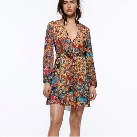 Zara Long Sleeve Boho Floral Patchwork Dress With Button Detail Size M  NWT - Picture 13 of 13